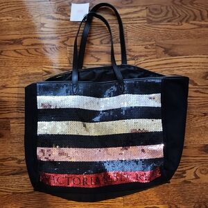 Victoria's Secret Black and Gold Sequin Tote Bag